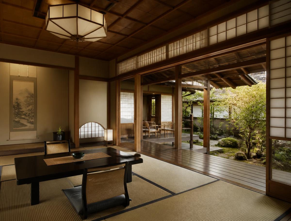 Traditional Japanese ryokan inn with tatami room and garden